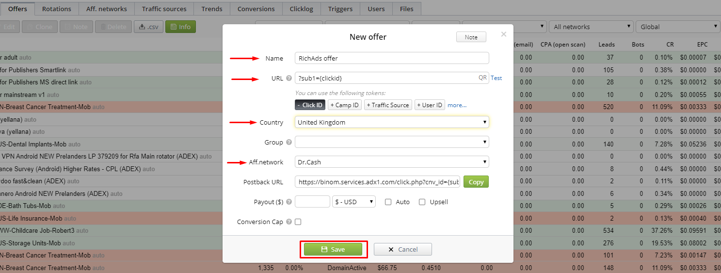 Set offer parameters at Binom tracker