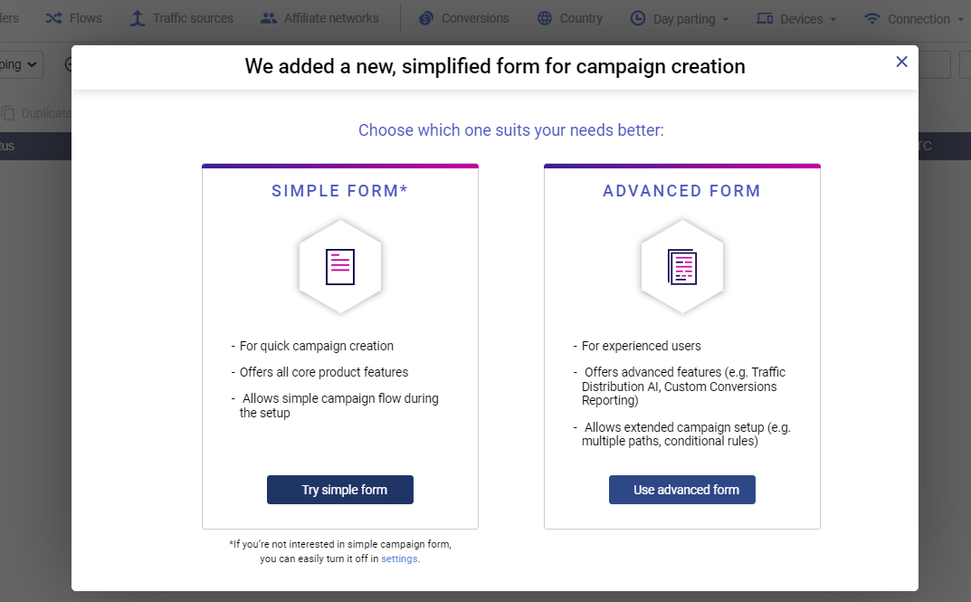 Выберите тип трекинговой кампании в Voluum