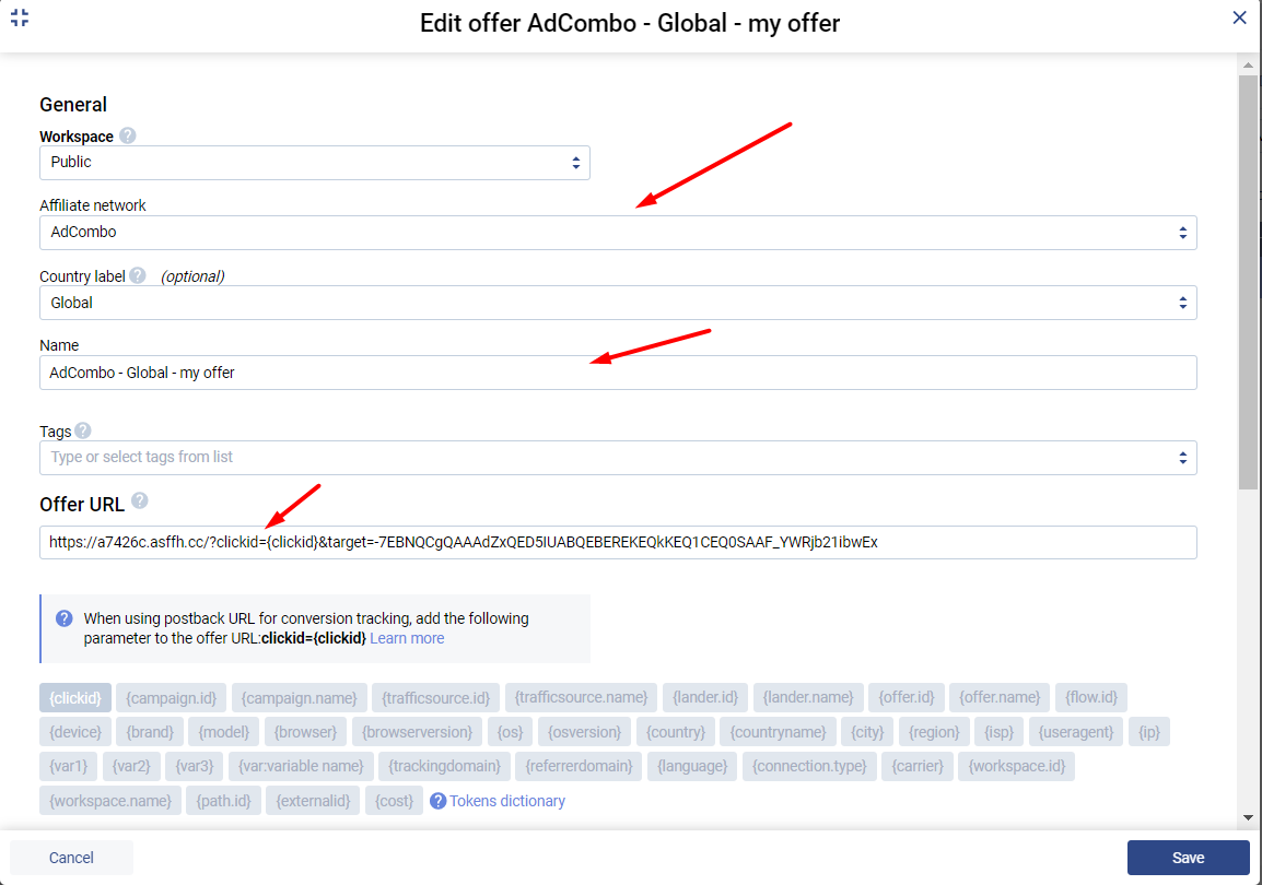 Укажите настройки оффера с токеном “{clickid}” в Voluum