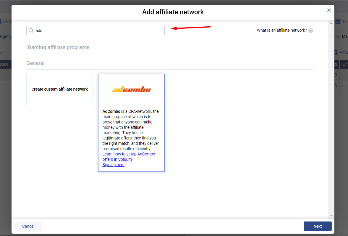 Введите название партнерской сети в трекере Voluum