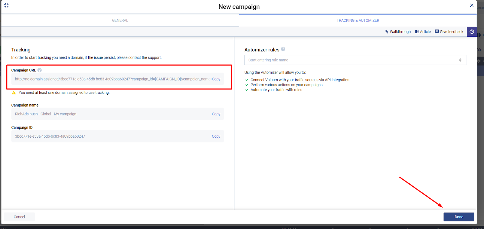 Скопируйте Campaign URL в трекере Voluum