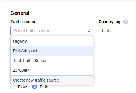 Укажите источник трафика в трекинговой кампании Voluum