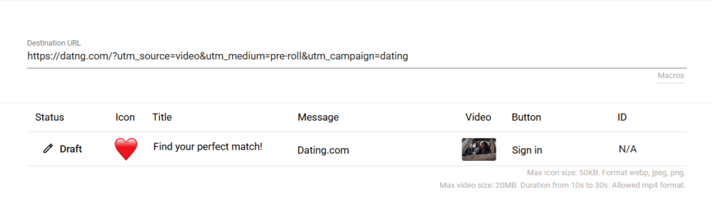 Dating video campaign setup