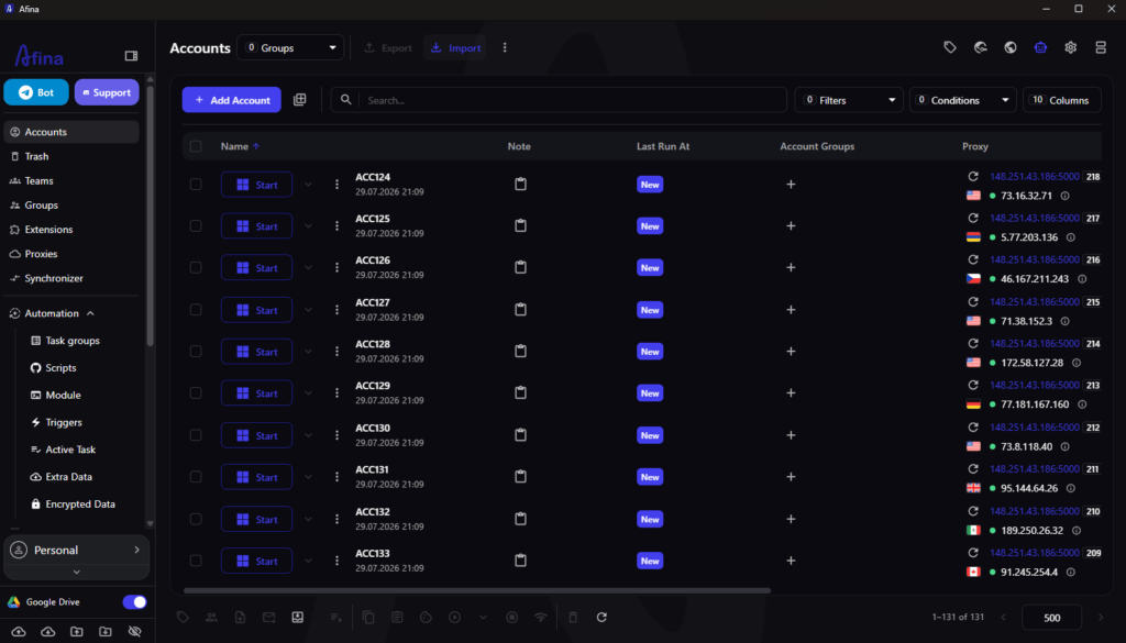 Afina antidetect browser accounts